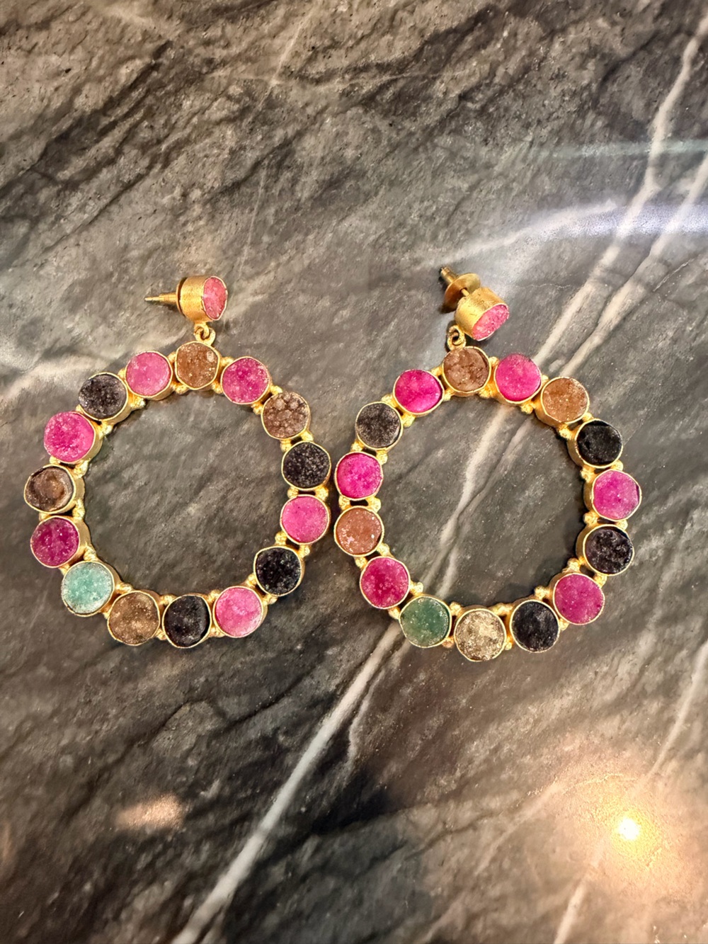 Multicolor Textured Stone Gold Tone Statement Hoop Earrings